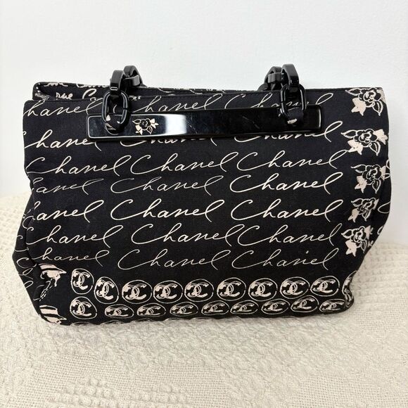 Y2K Vintage CHANEL Canvas Camellia Flower Tote Authentic Acrylic Chain Strap - Picture 7 of 11
